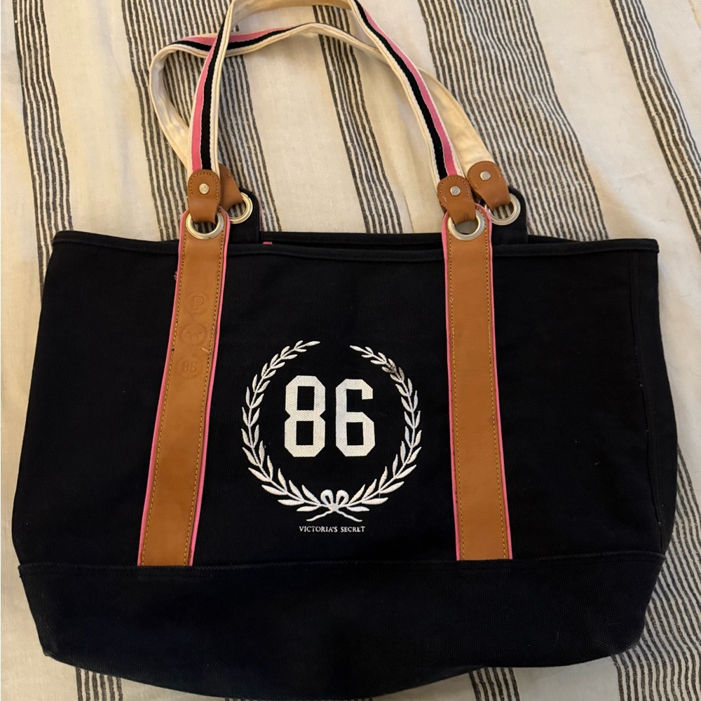 Victoria's Secret Black and Brown Tote Bag with Leather Details